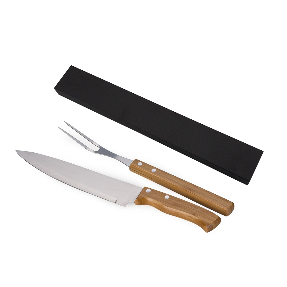 Kit churrasco econômico com faca 8'' e garfo em bambu/aço inox personalizado