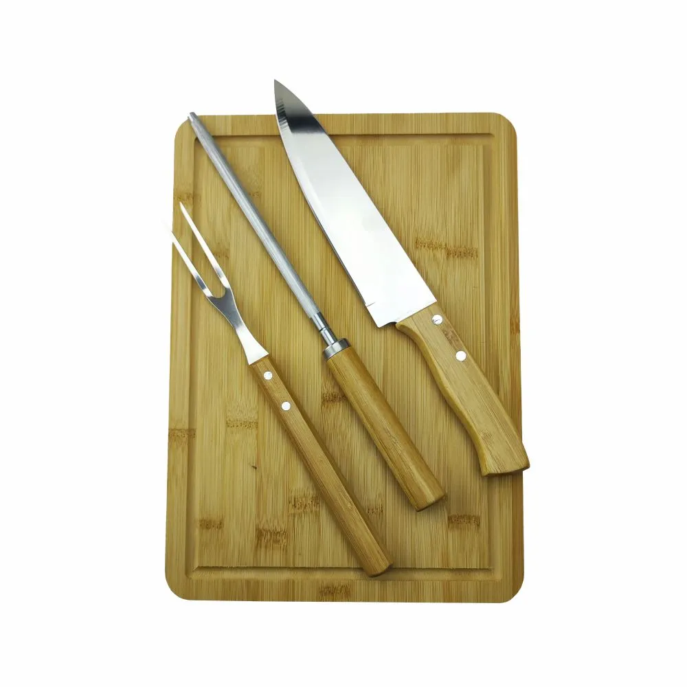 Kit churrasco com tábua retangular TR (med.:35 x25 x1,2cm), faca 8'', garfo e afiador em bambu/aço inox.