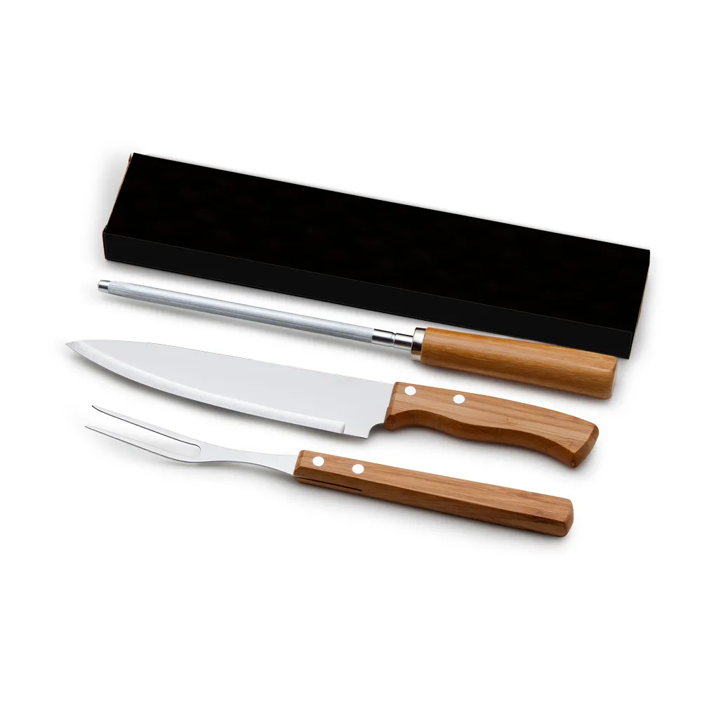 Kit churrasco faca 8, garfo e chaira em bambu/ aco inox