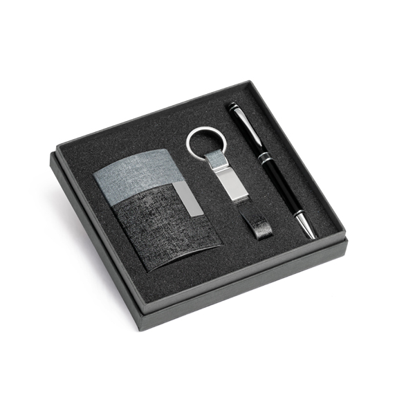 Kit de porta cartões chaveiro e esferográfica em c.sintético metal e alumínio Personalizado