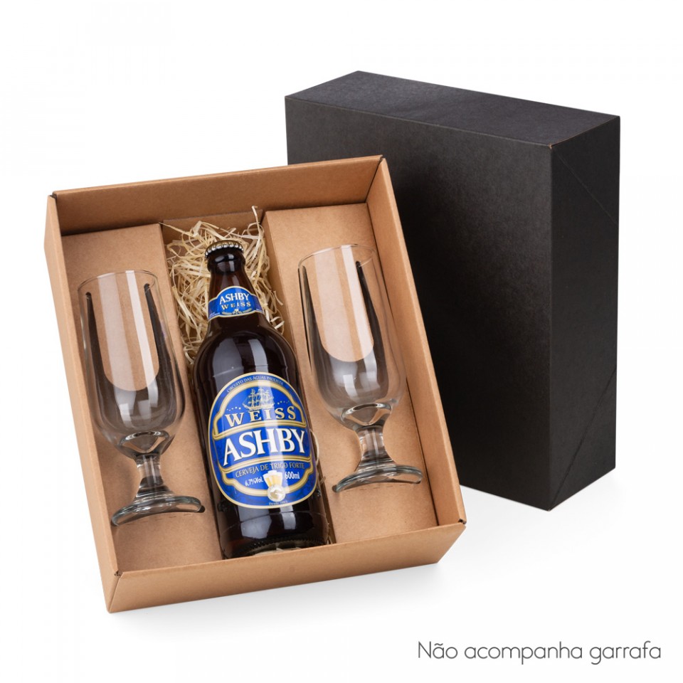 CAIXA PARA PRESENTE COM 02 COPOS DE VIDRO PARA CERVEJA 300ML